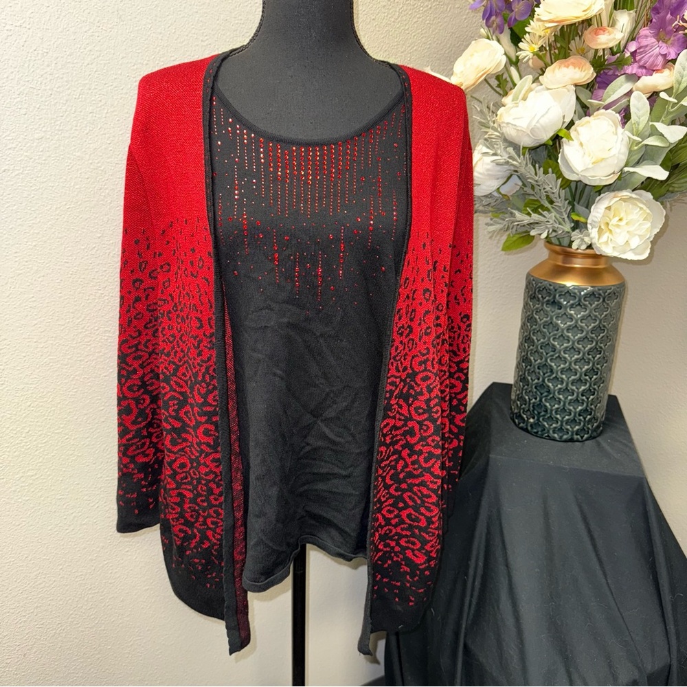 Alfred Dunner Red Black Rhinestone Twin Set Cardigan Top XL